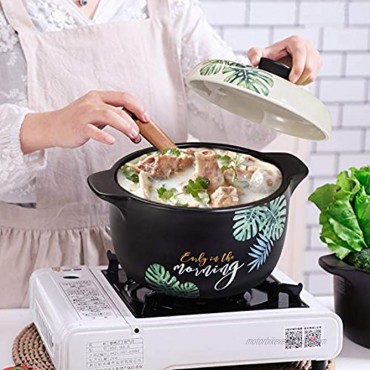 Clay Cooking Pot Cookware 2.36-Quart Ceramic Stockpot Soup Pot Stew Pan Casserole Clay Pot Earthen Pot Healthy Stew Pot Green Leaf Pattern Ceramic Round Black Dish with White Lid Heat-Resistant