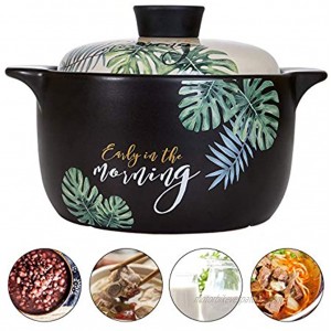 Clay Cooking Pot Cookware 2.36-Quart Ceramic Stockpot Soup Pot Stew Pan Casserole Clay Pot Earthen Pot Healthy Stew Pot Green Leaf Pattern Ceramic Round Black Dish with White Lid Heat-Resistant