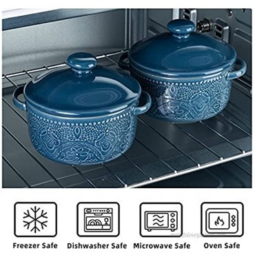 FE Mini Casserole Dish 10oz Round Mini Cocotte with Lid Lace Emboss Ceramic Baking Dish with handle Set of 4 Blue