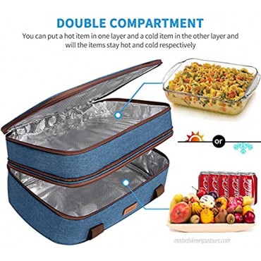 LHZK Double Decker Insulated Casserole Carrier for Hot or Cold Food Expandable Hot Food Carrier Lasagna Holder Tote for Potluck Parties Picnic Beach Fits 9x13 or 11x15 Baking Dish Blue