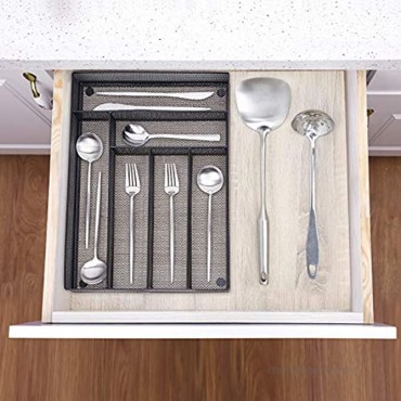 6 Compartments Metal Mesh Kitchen Flatware Organizer Tray Silverware Drawer Organizer Utensil Holder and Cutlery Tray with Non Slip Mat Black