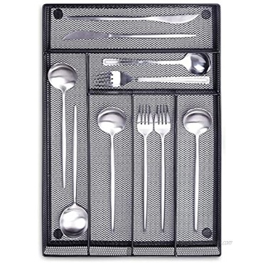 6 Compartments Metal Mesh Kitchen Flatware Organizer Tray Silverware Drawer Organizer Utensil Holder and Cutlery Tray with Non Slip Mat Black