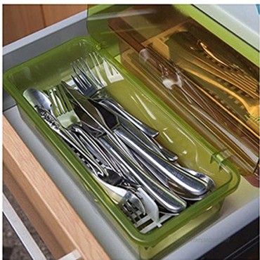 AIYoo Flatware Tray Kitchen Drawer Organizer With Lid And Drainer Plastic Kitchen Cutlery Tray and Utensil Storage Container with Cover Dust-proof Dinnerware Holder Blue