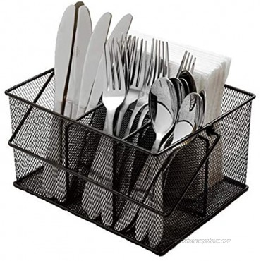 Ashman Silverware Caddy Flatware Cutlery and Utensil Organizer with Napkin Holder & Condiments for Kitchen Dining Outdoors Picnics and Parties Black Steel Mesh
