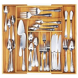 Bamboo Expandable Kitchen Drawer Organizer and Utensil Organizer-Perfect Size Cutlery Tray with Drawer Dividers for Kitchen Utensils and Flatware 6-8 Slots