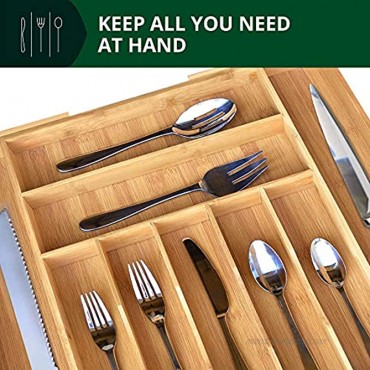 Bamboo Kitchen Drawer Organizer Expandable Silverware Organizer Utensil Holder and Cutlery Tray with Grooved Drawer Dividers for Flatware and Kitchen Utensils 9 Slots Natural