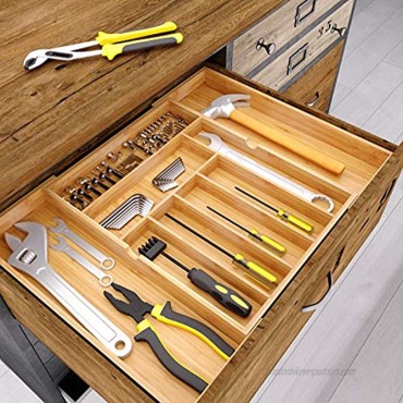 BAMEOS Utensil Drawer Organizer Cutlery Tray Desk Drawer Organizer Silverware Holder Kitchen Knives Tray Drawer Organizer 100% Pure Bamboo Expandable Adjustable Cutlery