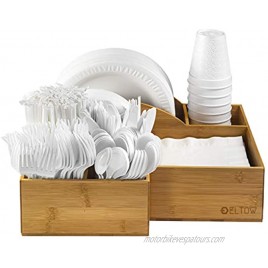 Eltow Bamboo Plate and Cutlery Organizer: Large Kitchen Spoon Fork Knives and Cups Holder Stylish and Sturdy Bowl Napkin and Tableware Dispenser Home Restaurant BBQ and Picnic Plate Organizer