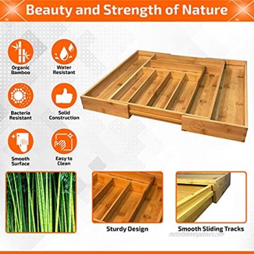 Expandable Drawer Organizer Fits Most Drawers with Adjustable Wooden Tracks Cutlery Tray for Utensil and Flatware Storage 100% Bamboo Kitchen Drawer Organizer 9 Deep Slots with Bonus Bamboo Spoon