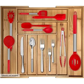Expandable Drawer Organizer Fits Most Drawers with Adjustable Wooden Tracks Cutlery Tray for Utensil and Flatware Storage 100% Bamboo Kitchen Drawer Organizer 9 Deep Slots with Bonus Bamboo Spoon