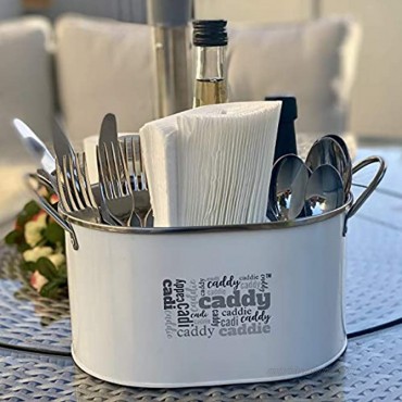 Flatware Caddy with Removable Divider. White Powder Coated Long Life Galvanized Metal. Organizer Cutlery Sauce Bottles Condiments Ice Cooler or can be a Beer Cooler. Stainless Steel Handles. 9.75”W x 5.25”H x 7.25”D 12.25”W with ha