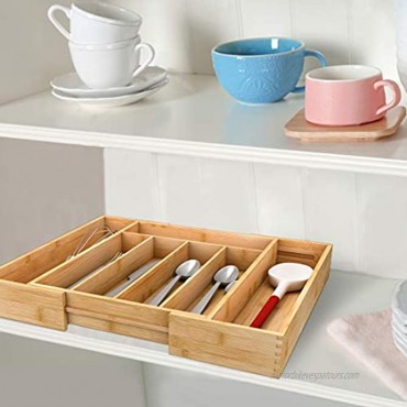 Kitchen Utensil Silverware Drawer Organizer Bamboo Flatware Cutlery Tray with 5 Compartment and 2 Expandable Dividers for ALL SIZE Forks Knives and Spoons
