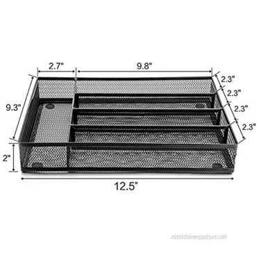 LIANYU Silverware Utensil Drawer Organizer 5 Compartments Steel Mesh Cutlery Flatware Tray with Foam Feet 9 1 4W x 12 1 2L x 2H Black