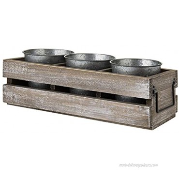 MyGift Rustic Brown Whitewashed Wood Pallet Style Dining Utensil Holder Flatware Caddy with 3 Galvanized Metal Buckets & Handles