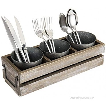 MyGift Rustic Brown Whitewashed Wood Pallet Style Dining Utensil Holder Flatware Caddy with 3 Galvanized Metal Buckets & Handles