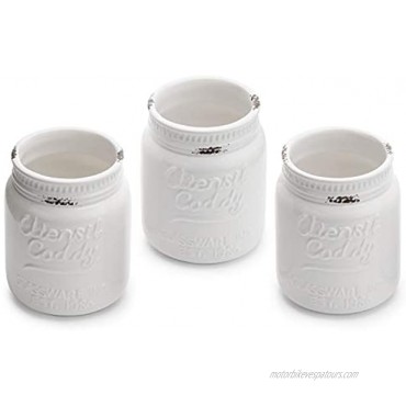 MyGift Rustic Farmhouse White Ceramic Embossed Mason Jar Kitchen Utensil Flatware Organizer Caddy Holder Set of 3