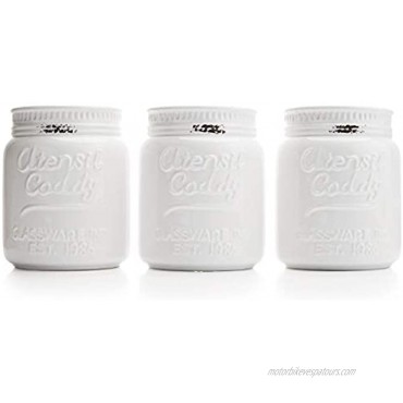 MyGift Rustic Farmhouse White Ceramic Embossed Mason Jar Kitchen Utensil Flatware Organizer Caddy Holder Set of 3