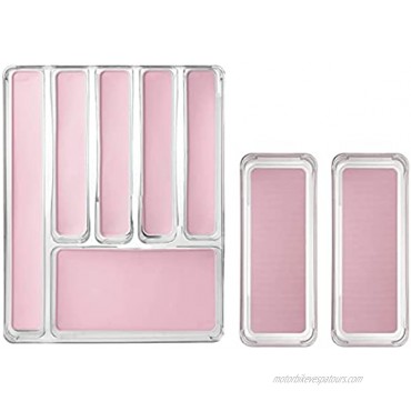 Simplemade 3 Piece Clear Cutlery Tray 1 XL Cutlery Tray and 2 standard tray Clear Drawer Insert Utensil Organizer for Drawers Multipurpose Storage for Kitchen Office Bathroom Pink