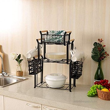 Suwimut 3 Tier Buffet Caddy 10 Pieces Stackable Plate Napkin Silverware Holder Utensils Organizer with 5 Mugs Hooks for Kitchen Dining Table Entertaining Party Picnic Black