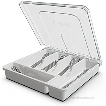 Utensil Drawer Organizer Silverware Holder with Lid 5 Compartments Plastic Cutlery Tray for Countertop KitchenWhite…