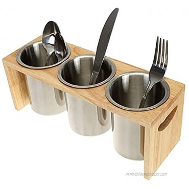 ZOOFOX 3 Pack Silverware Holder Stainless Steel Utensil Organizer with Wood Base Flatware Caddy for Spoons Knives and Forks Great for Kitchen Table Cabinet Pantry