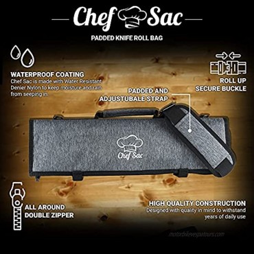 Chef Knife Roll Bag | 9 Slots for Knives Cleaver & Kitchen Utensils or Tools | 2 Large Zip Pockets | Padded Shoulder Sling Strap | Best Gift for Executive Chefs & Culinary Students Gray by Chef Sac