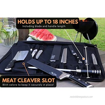 Chef’s Knife Roll Bag 14 slots Holds 10 Knives PLUS Meat Cleaver Utility Pocket AND 4 Tasting Spoons! Our Durable Knife Carrier Includes Shoulder Strap and Name Card Holder. Knives Not Included