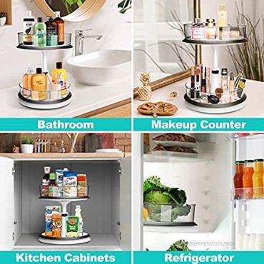 2 Tier Lazy Susan Turntable Height Adjustable Cabinet Organizer with 3 Clear Removable Bins -1x Large Round Turntable Spice Rack & Black Sort Sticker for Cabinets Kitchen Vanity Fridge Bathroom