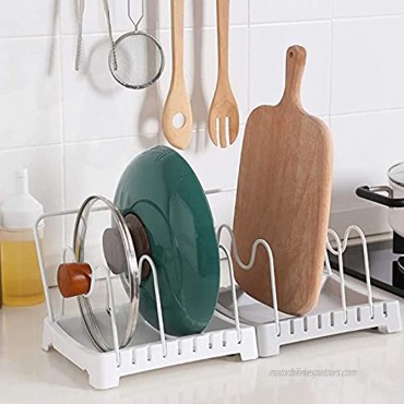 LINFIDITE Pot Lid Holder Organizer Cutting Boards Holder Kitchen Pot Lid Rack Rest for Plate Serving Tray Houseware Bakeware Container with 3 Adjustable Dividers 1 Hanging Drying Cloth Rack White