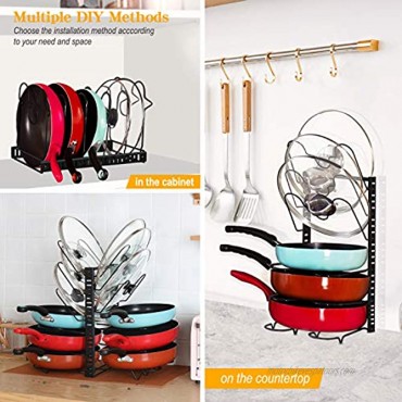 Pot Pan Lid Rack 12 Tier Two-in-One Adjustable Pan Organizer Holder with Non-Slip Rubber for Kitchen Cabinet Counter 6 DIY Methods Black