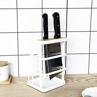 VANRA Metal Steel Pot Lid Holder Stand Knife Block Cutting Board Holder Pan Pot Cover Lid Organizer Rack Pantry Bakeware Rack for Kitchen with Draining Tray White
