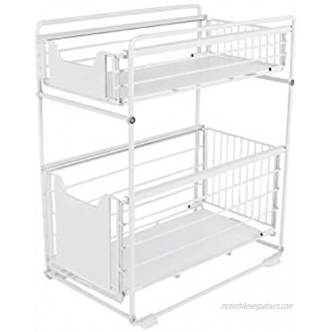 2-Tier Under Sink Cabinet Organizer with Sliding Storage Drawer Metal Desktop Spice Rack Pull Out Basket Organizer Drawer for Kitchen Pantry Bathroom and Office White large