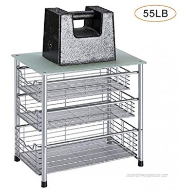 Flagship 3 Tier Sliding Backet Organizer Drawer with Crystal Tempered Glass Mesh Shelves for Spice Rack Countertop Kitchen Under Sink Drawer Bathroom Office Silver