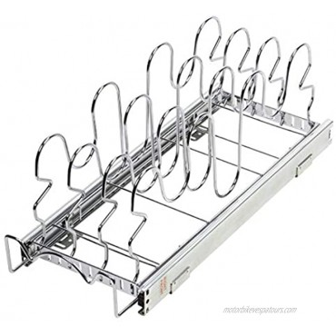 Pull Out Pan Lid Organizer Rack for Cabinet Pull Out Organizer for Pots Pans Lids Sliding Storage Rack -7 W X 21” D X 8 H Requires at least 9 Cabinet opening Heavy Duty Construction Chrome
