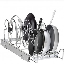 Pull Out Pan Lid Organizer Rack for Cabinet Pull Out Organizer for Pots Pans Lids Sliding Storage Rack -7 W X 21” D X 8 H Requires at least 9 Cabinet opening Heavy Duty Construction Chrome