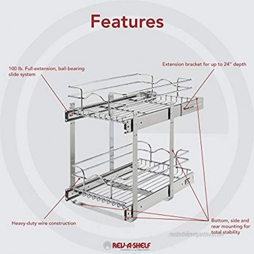 Rev-A-Shelf 5WB2-1222CR-1 12 x 22 Inch 2-Tier Wire Basket Pull Out Shelf Storage for Kitchen Base Cabinet Organization Chrome