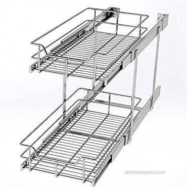 STORKING 2 Tier Wire Basket Pull Out Organizer Shelf Sliding Drawer Storage for Kitchen Base Double-Tier Heavy Duty Cabinets Chrome-Plating 11”W x 24”D Cabinet Opening Wire Frame Plating Finish