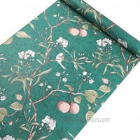 HOYOYO Peach Tree Peel and Stick Shelf Liner Paper Green Background White Flowers Bird Self-Adhesive Liner Drawer Cabinets Door Surface Living Room Wall Art Decor 17.8 x 118 inch