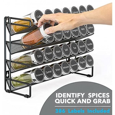 4 Tier Spice Rack Organizer Set of 2 for Cabinet Countertop Pantry or Wall Door Mount with 386 Labels and Chalk Marker Black