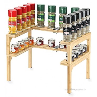 Bamboo Expandable Spice Rack 2 Tier High Capacity Spice Rack Organizer for Kitchen Cabinet Pantry Shelf Organizer Spice Racks Ideal for Spice Bottles Jars Seasonings