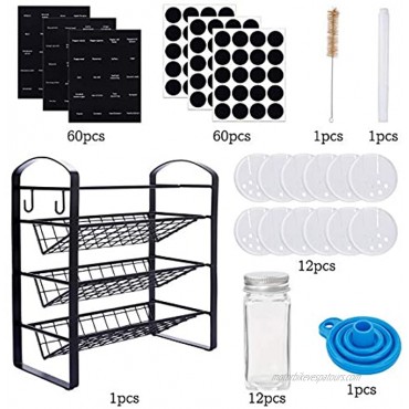 CUCUMI Spice Rack Organizer with 12 Empty Spice Jars Glass Spice Bottles 120pcs Spice Labels for Countertop Cabinet with Collapsible Funnel Tube Brush Chalk Marker