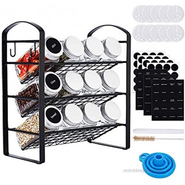 CUCUMI Spice Rack Organizer with 12 Empty Spice Jars Glass Spice Bottles 120pcs Spice Labels for Countertop Cabinet with Collapsible Funnel Tube Brush Chalk Marker