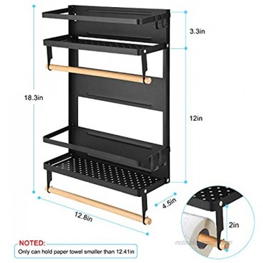 Magnetic-Spice-Rack-Organizer-shelf for Refrigerator Large with 4-Tier Magnetic Shelf and 2 Paper Towel Roll Holders 5 Removable Hooks for Kitchen Shelves Pantry Wall Laundry Room Bathroom-Black