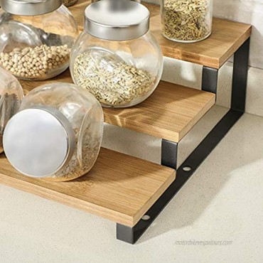 SONGMICS Spice Rack Set of 2 Cabinet Shelf Organizers 3-Tier Extendable Spice Holder Bamboo Stackable for Pantry Cupboard Countertop Natural and Black UKCS016N01