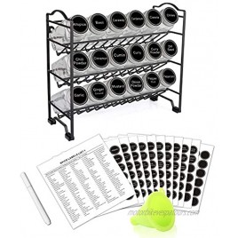 SWOMMOLY Spice Rack Organizer with 18 Empty Square Spice Jars 396 Spice Labels with Chalk Marker and Funnel Complete Set for Countertop Cabinet or Wall Mount