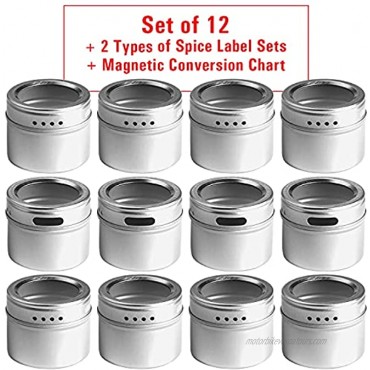 Talented Kitchen 12 Magnetic Spice Tins and 2 Types of Spice Labels. 12 Storage Spice Containers Magnetic Spice Jars with Window Top and Sift-Pour. 240 Preprinted Spice Stickers. Spice Rack On Fridge