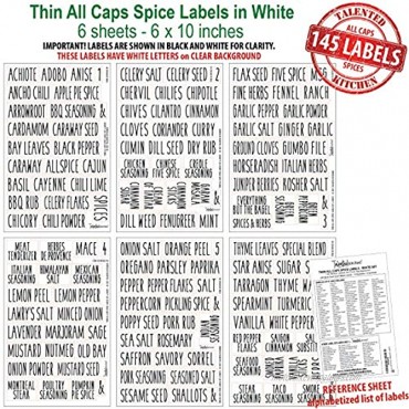 Talented Kitchen 145 Spice Jar Labels Preprinted: 145 White All Caps Spice Names + Numbers. White Letters on Clear Sticker. Water Resistant for Spice Jars Rack Organization All Caps Rae Dunn Inspired