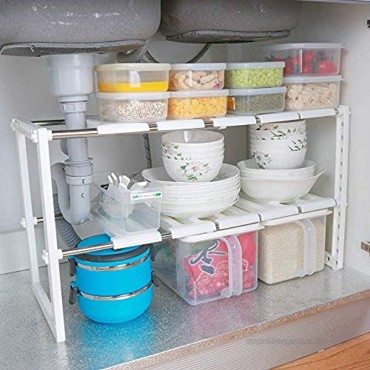 Expandable Under Sink Organizer 2 Tier Storage Rack for Kitchen White Plastic