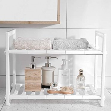 Expandable Under Sink Organizer with 2 Tier Adjustable Shelving and Storage Shelves for Bathroom Kitchen Pantry Toiletries Stainless Movable Adjusted Easy to Assemble College Dorm Apartment