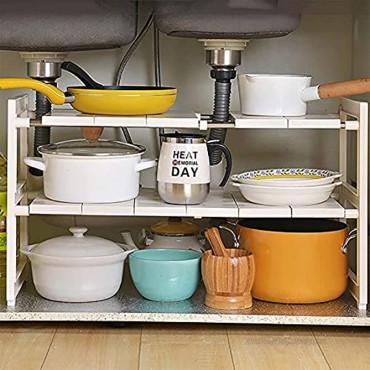 PLKO Simple Under Sink 2 Tier Expandable Shelf Organizer Rack for Kitchen Bathroom Storage，Silver expand from 15 to 26 inches